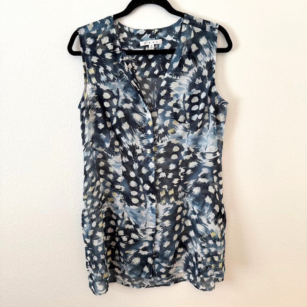 Cabi Sleeveless Printed Avery Blouse Blue Turquoise Medium Large Resort Office